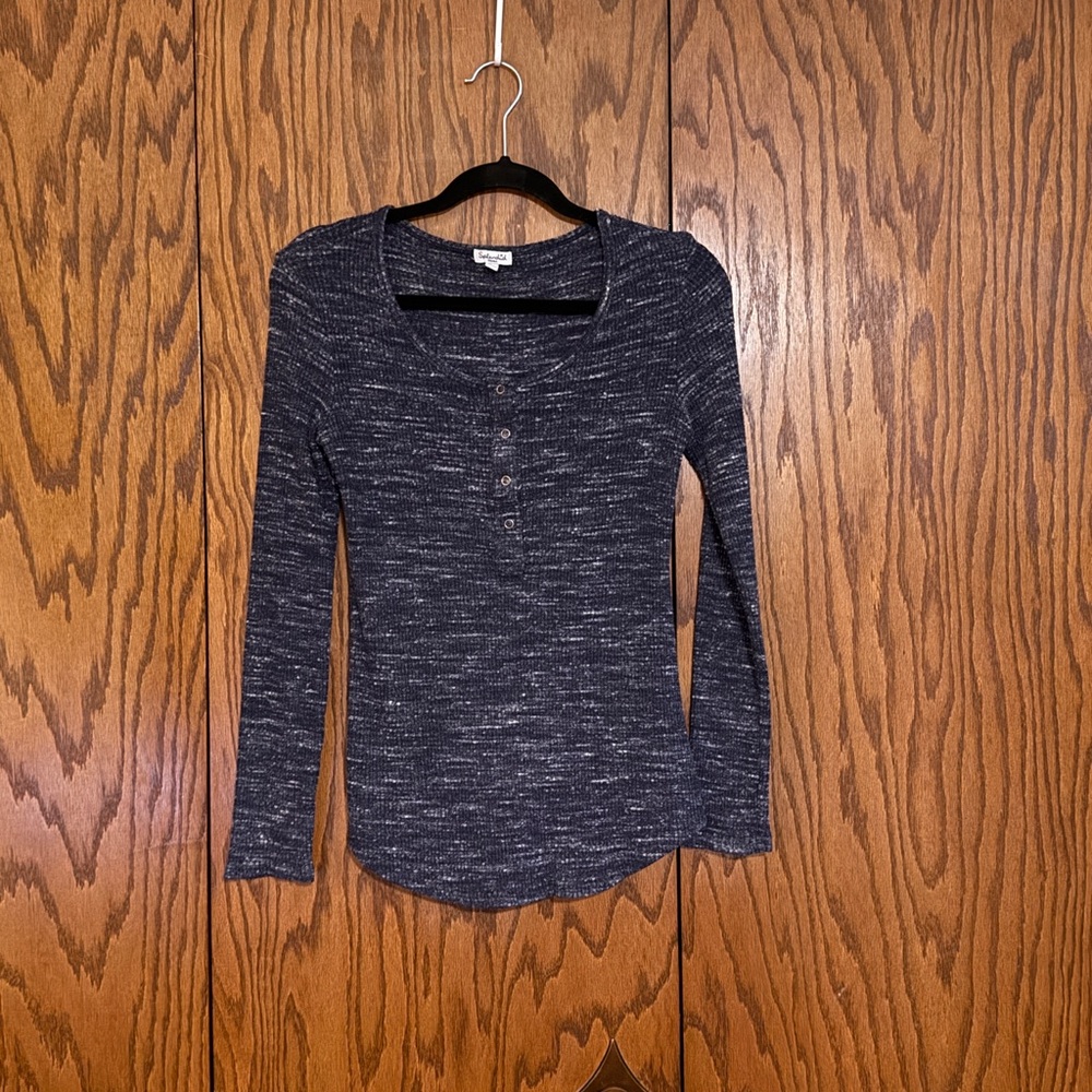 Splendid Small Marled Knit Henley Long Sleeve Top Blue Gray Soft Stretch